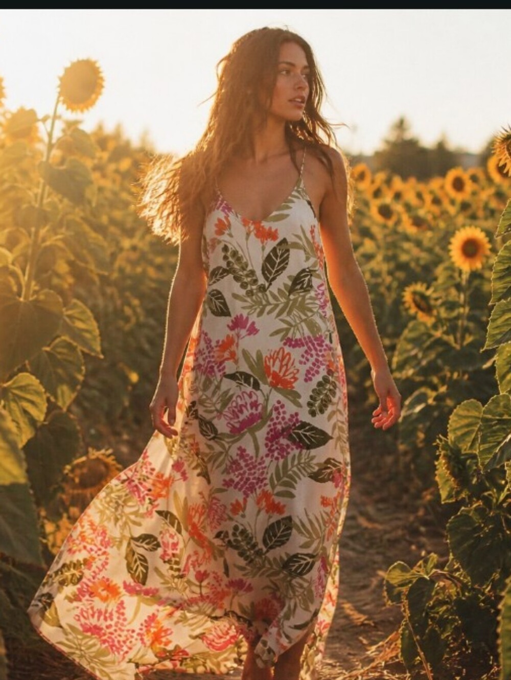 Old Navy Botanical Slip Maxi Dress in Cream, Green & Pink